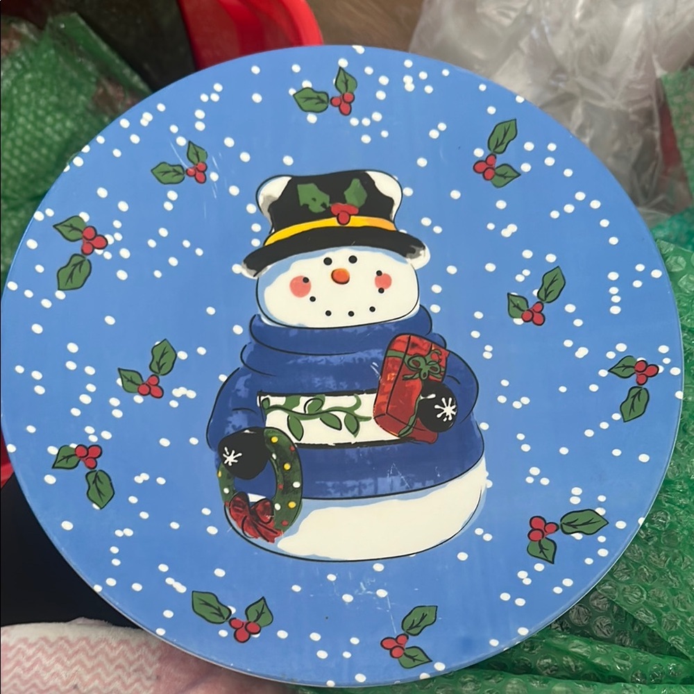 Lindsey Jordon Festive Snowman Holiday Plate - Blue.